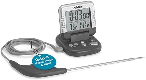 Polder Classic Digital Thermometer and Timer, Meat Thermometer for Cooking, Stainless Steel Probe, 24-Hour Countdown Timer with 40" Long, High-Heat Silicone Cord by PolderProductsLLC