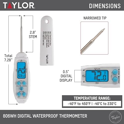 Taylor Digital Waterproof Meat Thermometer for Kitchen, Grill & BBQ, Blue Backlit Display, Narrow Step-Down Probe, Hold Function, NSF Certified, White - Image 3