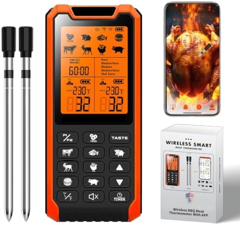 Smart Bluetooth Meat Thermometer - Long Range Wireless Food Thermometer, Digital Meat Thermometer with Dual Probes for BBQ Grill, Oven, Smoker, Air Fryer by PRAVETTE