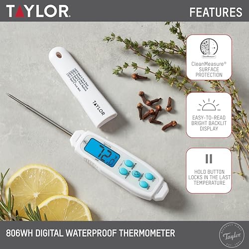 Taylor Digital Waterproof Meat Thermometer for Kitchen, Grill & BBQ, Blue Backlit Display, Narrow Step-Down Probe, Hold Function, NSF Certified, White - Image 2