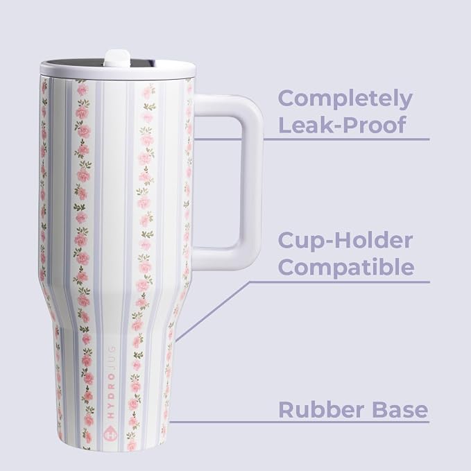 HydroJug Traveler - 32 oz Water Bottle with Handle & Flip Straw - Fits in Cup Holder, Leak Resistant Tumbler-Reusable Insulated Stainless Steel & Rubber Base - Gifts for Women & Men, Primrose - Image 2