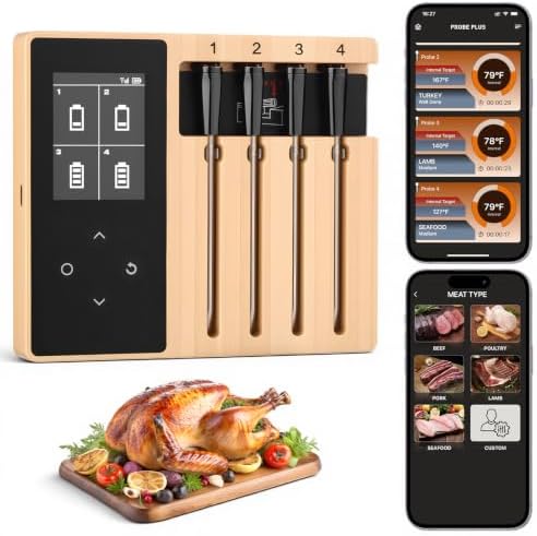 Smart Wireless Meat Thermometer with 4 Probe, Bluetooth Food Thermometer for iOS and Android, for BBQ, Grill, Smoker by Presentastic
