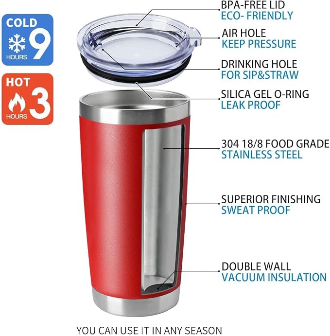 HASLE OUTFITTERS 20oz Tumblers Stainless Steel Mugs with Lid Double Wall Vacuum Insulated Coffee Cups for Cold & Hot Drinks (20oz-Red, 1 Pack) - Image 4