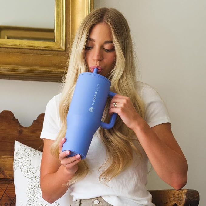 HydroJug Traveler - 32 oz Water Bottle with Handle & Flip Straw - Fits in Cup Holder, Leak Resistant Tumbler-Reusable Insulated Stainless Steel & Rubber Base - Gifts for Women & Men, Light Blue - Image 6