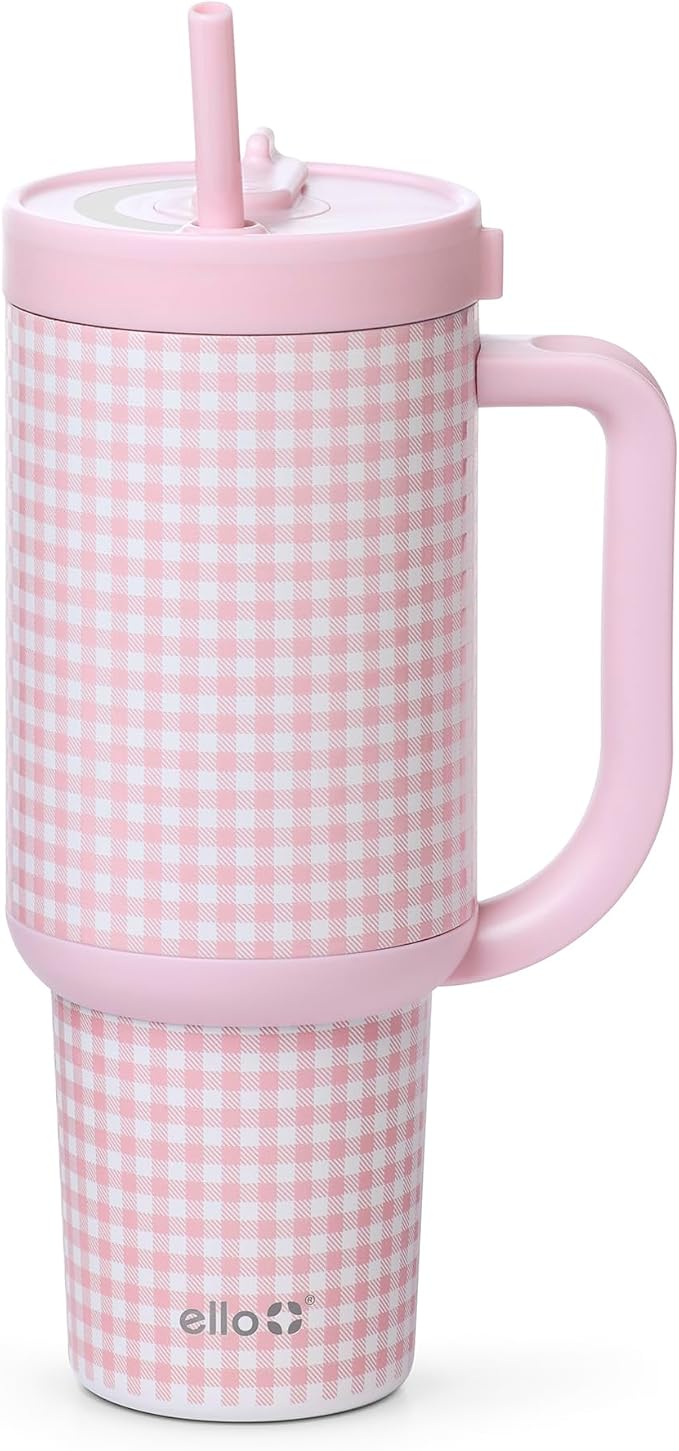 Ello Oasis 40 oz Tumbler with Handle & Retracting Straw | Reusable Insulated Stainless Steel Cup 100% Leakproof, Gifts for Teens Women Men | Keeps cold for 24 Hours, Cup Holder Friendly, Pink Gingham by Ello