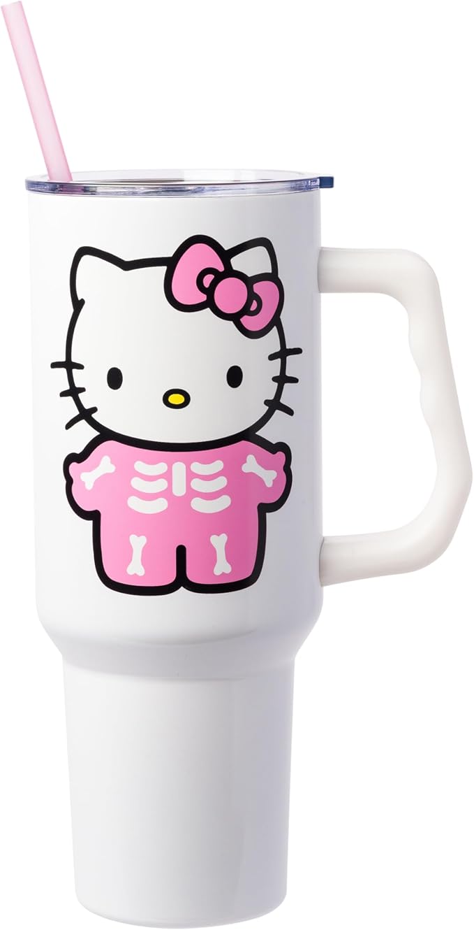 Silver Buffalo Sanrio Hello Kitty Halloween Spooky Skeleton Costume Double Walled Stainless Steel Tumbler with Handle and Straw, Fits in Standard Cup Holder, 40 Ounces by SilverBuffalo