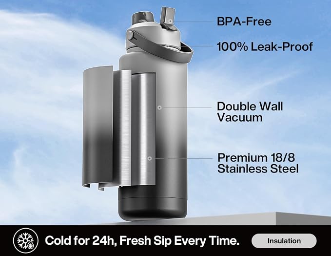 POWCAN 40 oz Insulated Water Bottle with 2-in-1 Straw and Spout Lid, Keep Cold 24H, Leak-Proof, BPA-Free, Double Wall Stainless Steel Water Bottle for Sports, Gym, Travel, and School (Obsidian) - Image 2