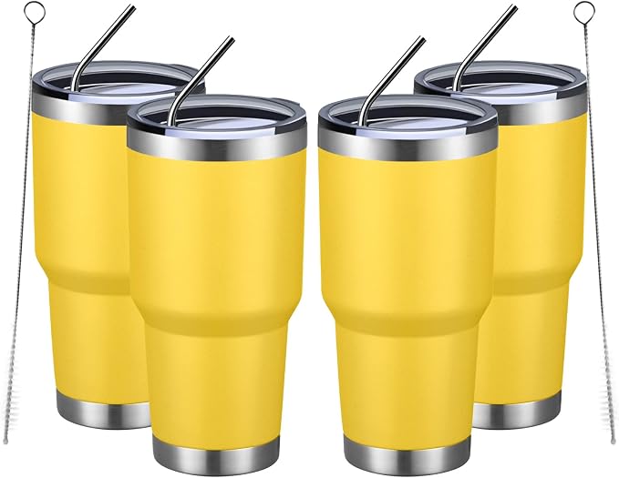 MEWAY 30oz Insulated Tumbler With Lids and Straws,Stainless Steel Double Vacuum Coffee Tumbler Cup, Brush, Durable Powder Coated Coffee Cup for Cold & Hot Drinks, Office, Travel(Yellow,4 PACK) by MEWAY