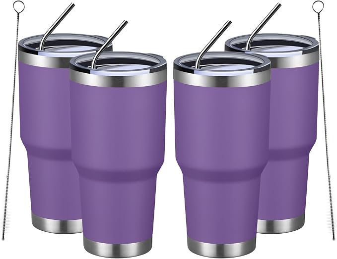 MEWAY 30oz Insulated Tumbler With Lids and Straws,Stainless Steel Double Vacuum Coffee Tumbler Cup, Brush, Durable Powder Coated Coffee Cup for Cold & Hot Drinks, Office, Travel(Purple,4 PACK) by MEWAY