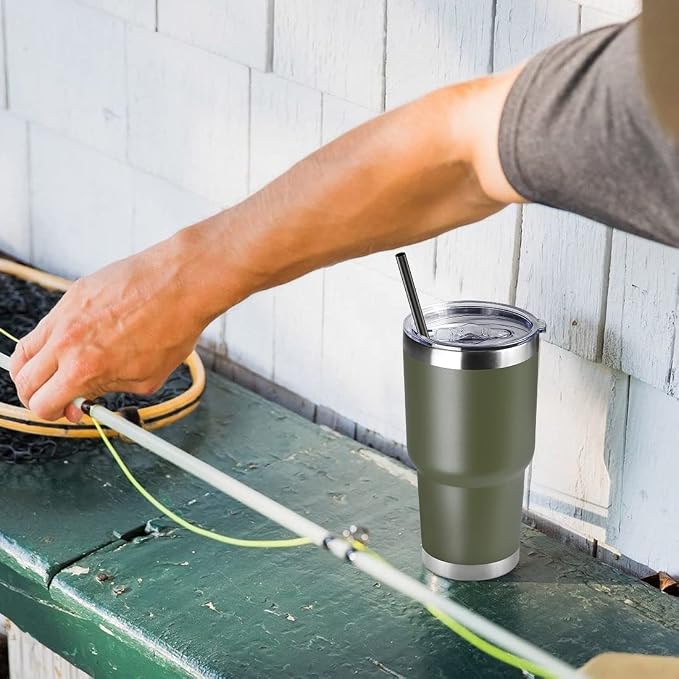 DOMICARE 30 oz Tumbler with Lid and Straw, Stainless Steel Tumblers Bulk, Insulated Vacuum Double Wall Travel Coffee Mug, Durable Powder Coated Tumbler Cup (Army Green, 1) - Image 6
