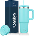Konokyo 30 oz Tumbler with Handle and 2 Straws,2 in 1 Lid Insulated Water Bottle Stainless Steel Travel Coffee Mug,Turquoise by Konokyo