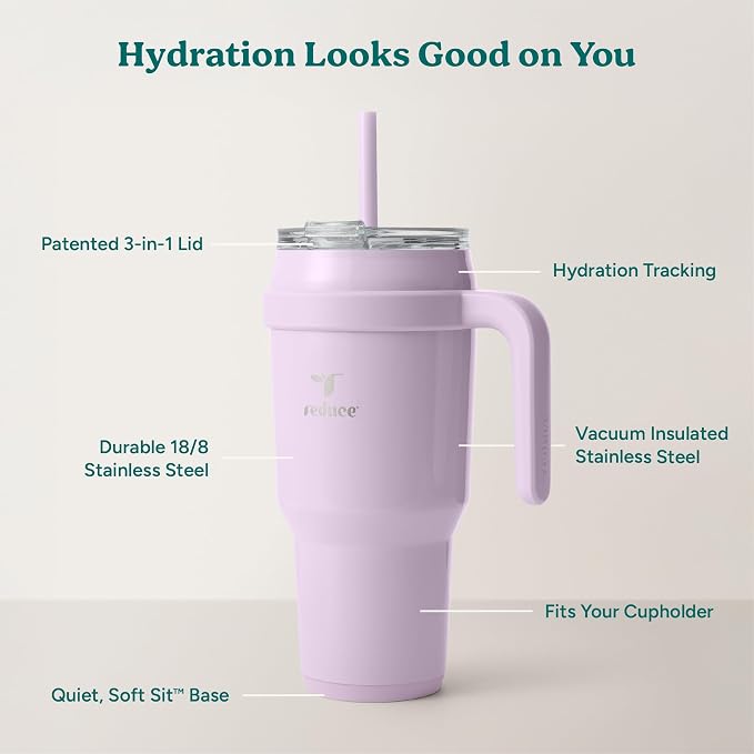 REDUCE 40 oz Stainless Steel Tumbler with Handle - Dual-Wall Vacuum Insulated Travel Mug, Sweat-Proof Lid & Reusable Straw - Keeps Drinks Cold for 24 Hrs, Fits Cupholders, Dishwasher Safe - Lilac Bud - Image 4