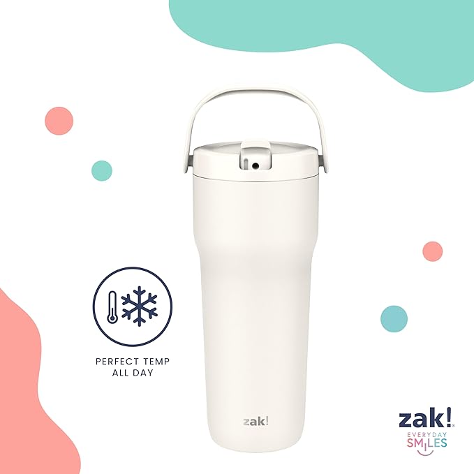 Zak Designs Sutton Travel Tumbler for On the Go, 30oz Stainless Steel with Vacuum Insulation, Straw Spout, Carry Handle for Cold Drinks (Cream White) - Image 2