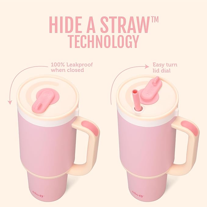 Ello Oasis 40 oz Tumbler with Handle & Retracting Straw | Reusable Insulated Stainless Steel Cup 100% Leakproof, Gifts for Teens Women Men | Keeps cold for 24 Hours, Cup Holder Friendly, Pink Gingham - Image 2