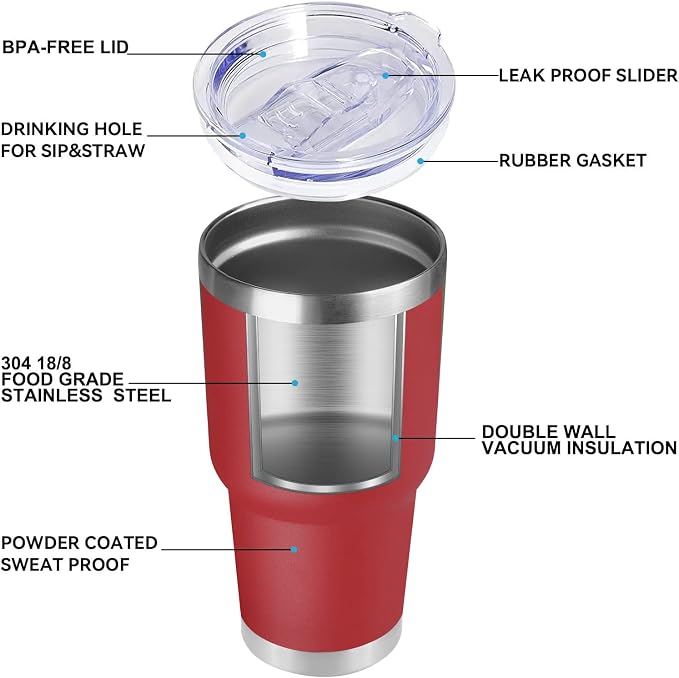 DOMICARE 30 oz Tumbler with Lid and Straw, Stainless Steel Tumblers Bulk, Insulated Vacuum Double Wall Travel Coffee Mug, Durable Powder Coated Tumbler Cups (Red, 4) - Image 4