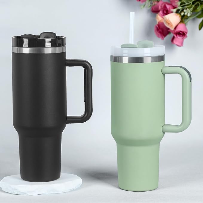 4 Pack 40 Oz Tumbler with Handle Bulk, Double Wall Vacuum Insulated Stainless Steel Tumbler with Lid and Straw, 40 oz cup with Silicone Spill Proof Stopper Set (Dark Green) - Image 2