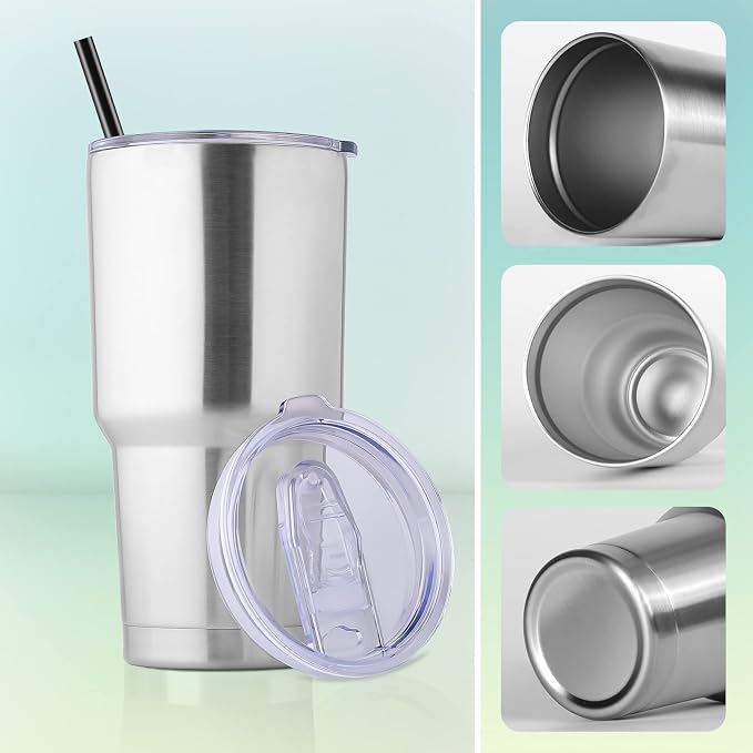 DOMICARE 30 oz Tumbler with Lid and Straw, Stainless Steel Tumblers Bulk, Insulated Vacuum Double Wall Travel Coffee Mug, Durable Powder Coated Tumbler Cups (Stainless Steel, 12) - Image 5