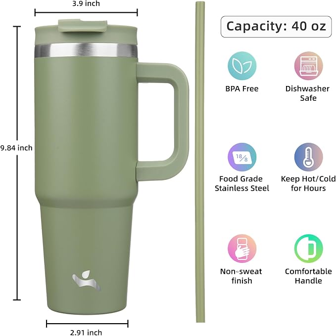 Konokyo 40 oz Tumbler with Handle and 2 Straws,2 in 1 Lid Insulated Water Bottle Stainless Steel Travel Coffee Mug,Army Green - Image 4