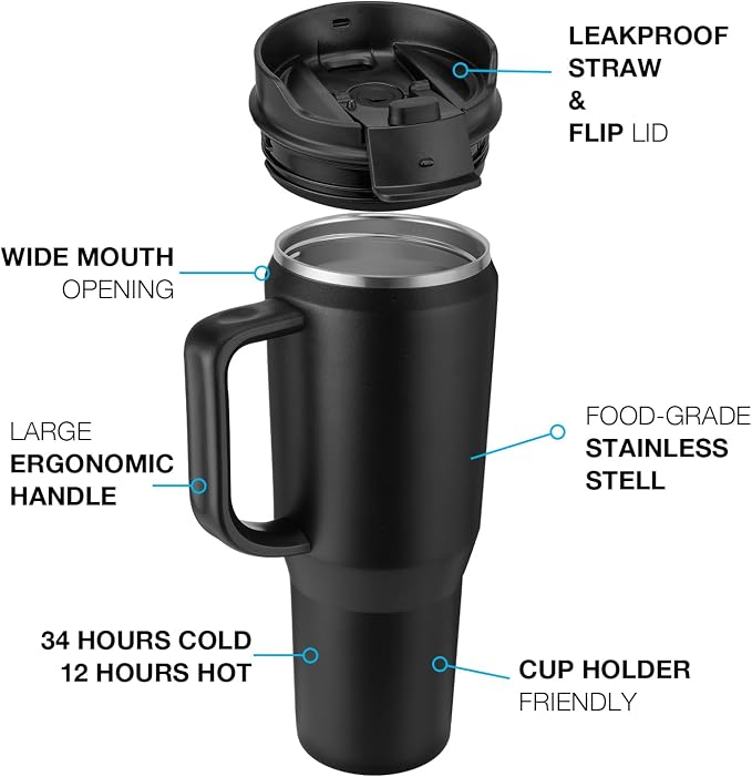 EALGRO 40 oz Tumbler with Handle, Insulated Tumblers with Lid and Straw, Large Metal Sports Water Bottle Jug, Thermal Stainless Steel Travel Coffee Mug Cup, Lavender - Image 3