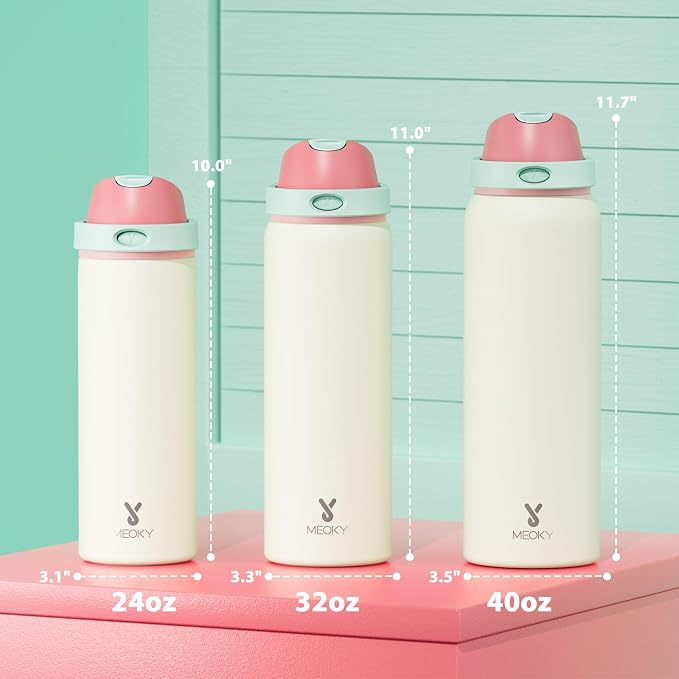 40 oz Insulated Water Bottle with Straw: Meoky Stainless Steel Metal Water Bottle with 2-in-1 Lid - Leak Proof, Cold for 24 Hours, Protective Silicone Base, BPA-Free for Sports Gym, Cream - Image 3
