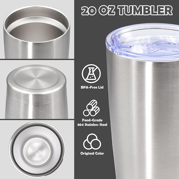 20oz Tumbler Bulk Stainless Steel Tumbler Cup with Lid Vacuum Insulated Double Wall Travel Mug, Durable Powder Coated Travel Coffee Tumbler Mug for Hot & Cold Drinks, Stainless Steel,8 Pack - Image 3
