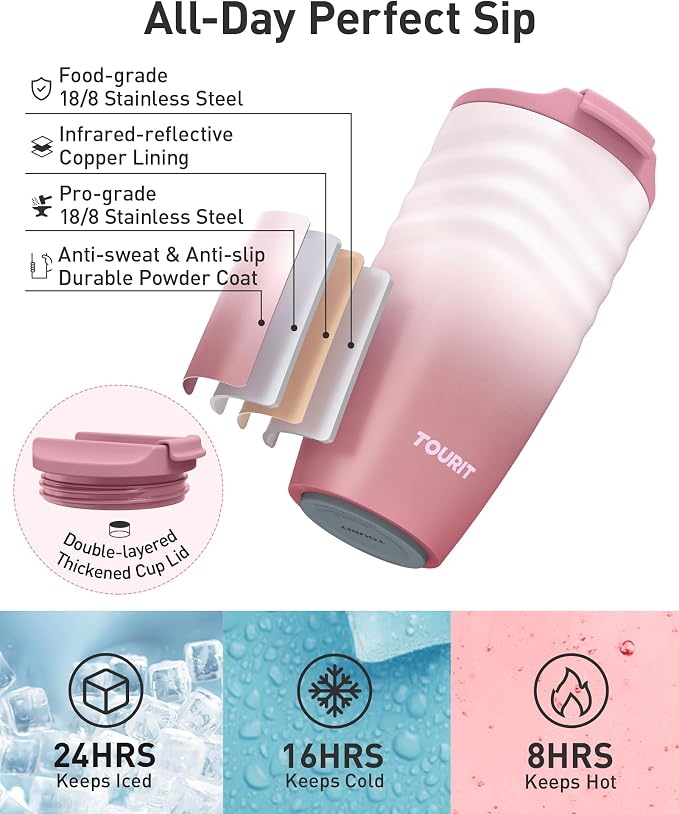 TOURIT 16 oz Travel Coffee Mug, Insulated Stainless Steel Travel Mug with Lid, Leak-Proof Double-Wall Vacuum Tumbler, Reusable Coffee Cup - Khaki - Image 5