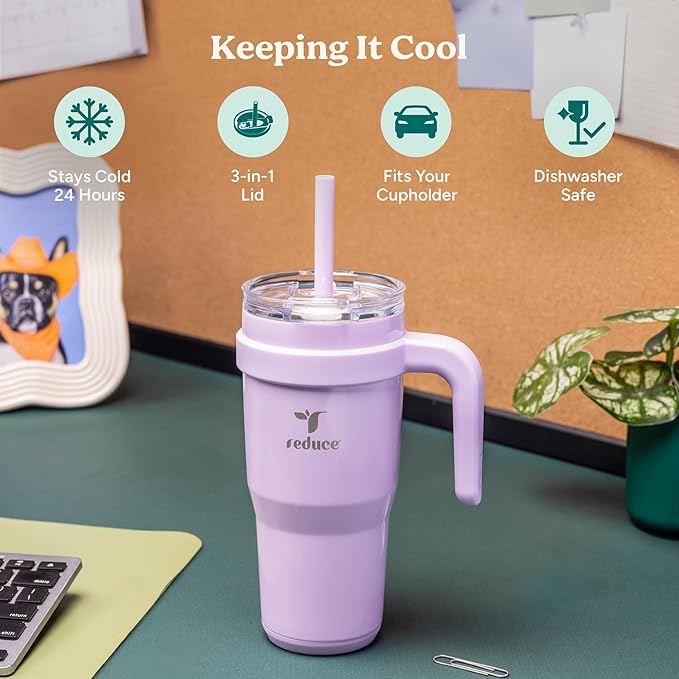 REDUCE 24 oz Stainless Steel Tumbler with Handle - Dual-Wall Vacuum Insulated Travel Mug, Sweat-Proof Lid & Reusable Straw - Keeps Drinks Cold for 24 Hrs, Fits Cupholders, Dishwasher Safe - Sand - Image 3