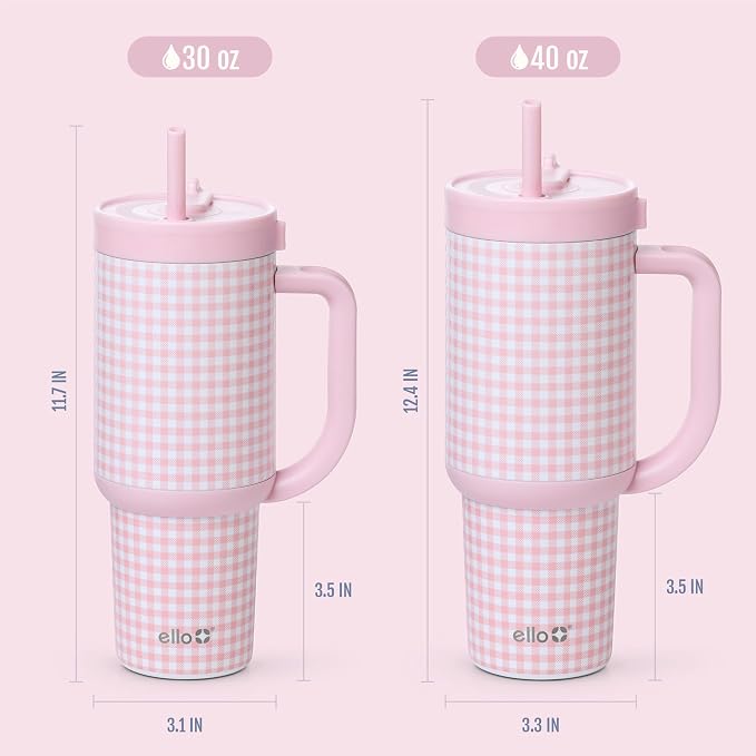 Ello Oasis 40 oz Tumbler with Handle & Retracting Straw | Reusable Insulated Stainless Steel Cup 100% Leakproof, Gifts for Teens Women Men | Keeps cold for 24 Hours, Cup Holder Friendly, Pink Gingham - Image 8