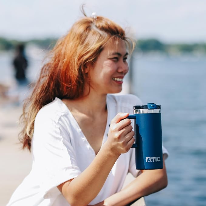 RTIC 16oz Road Trip Travel Mug with Lid and Handle, Ceramic Lined, Insulated, Stainless Steel, Metal, Double Wall Vacuum-Insulation, Portable Coffee, Tea Cup for Hot and Cold Drink, Navy - Image 5