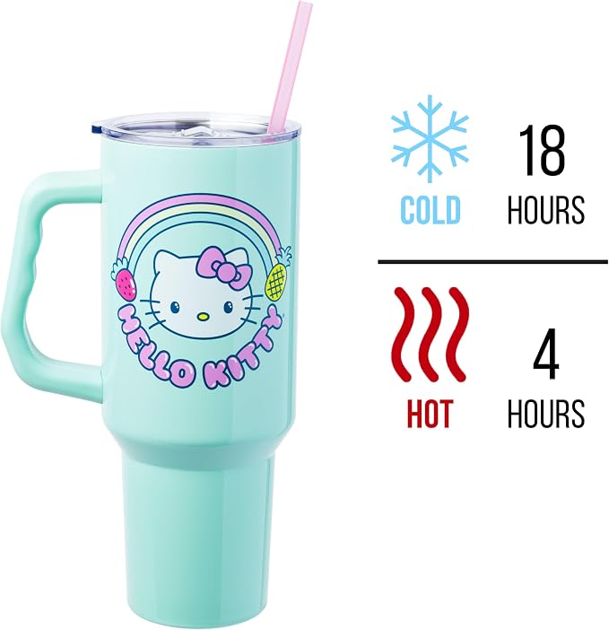 Silver Buffalo Sanrio Hello Kitty Kawaii Strawberry, Pineapple, and Rainbows Double Walled Stainless Steel Tumbler with Handle and Straw, Fits in Standard Cup Holder, 40 Ounces - Image 3