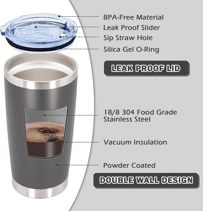 AIANJI 20oz Tumbler Bulk Stainless Steel Tumblers with Lid Vacuum Insulated Double Wall Travel Coffee Mug Powder Coated Tumbler Cup for Hot and Cold Drinks(Grey, 1 pack) - Image 4