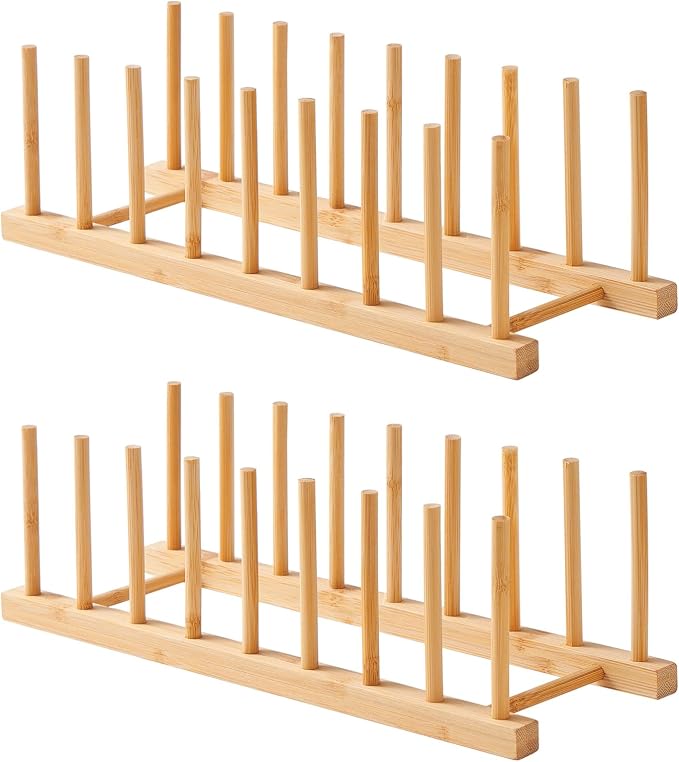 Bamboo Dish Drying Rack-2 PCS Pot Lid Plate Rack Organizer Holder by Worthyeah