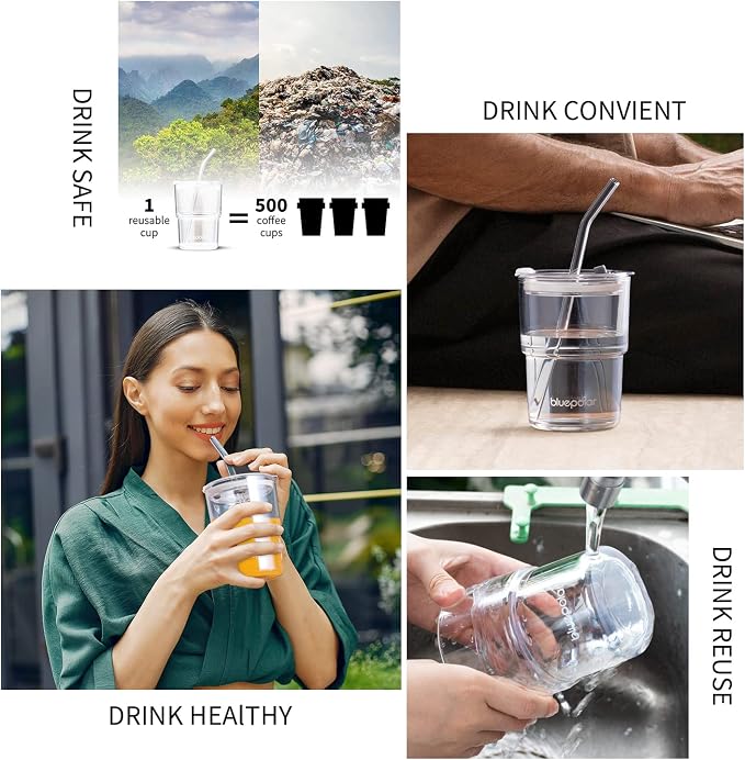 BLUEPOLAR 13oz/400ml Glass Water Tumbler with Straw and Lid Sealed Carry On Thick Wall Iced Coffee Cup Glass Cup for Water, Iced Tea Fruit Juice Etc(Aurora White - Image 7