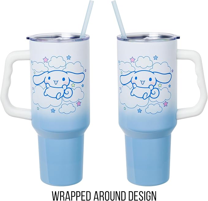 Silver Buffalo Sanrio Hello Kitty and Friends Featuring Cinnamoroll in Stars and Clouds Double Walled Stainless Steel Tumbler with Handle and Straw, Fits in Standard Cup Holder, 40 Ounces - Image 5