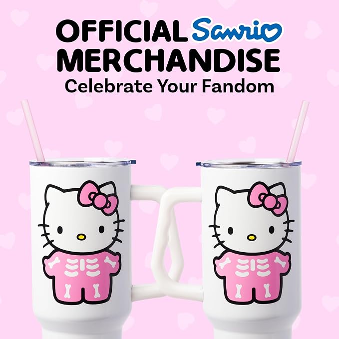 Silver Buffalo Sanrio Hello Kitty Halloween Spooky Skeleton Costume Double Walled Stainless Steel Tumbler with Handle and Straw, Fits in Standard Cup Holder, 40 Ounces - Image 5