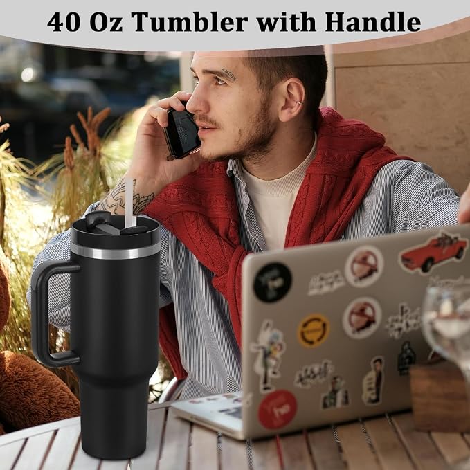 40 Oz Tumbler with Handle, Double Wall Vacuum Insulated Stainless Steel Tumbler with Lid and Straw, 40 oz cup with Silicone Spill Proof Stopper Set (Black-1) - Image 7