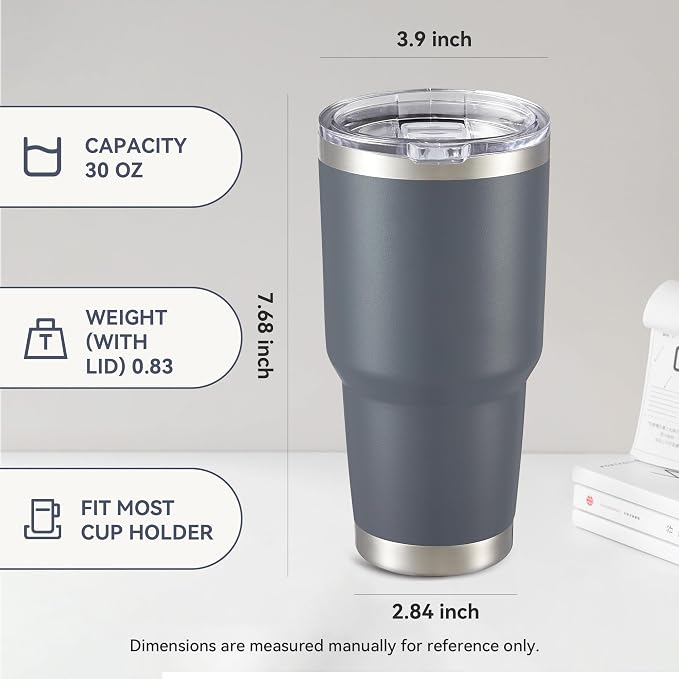 30 oz Tumbler with Lid Stainless Steel Tumblers Vacuum Insulated Cup Reusable Powder Coated Travel Mug Double Wall Leak Proof Portable Cups Keep Cold Drinks for 12 Hours, Gray, 1 Pack - Image 4