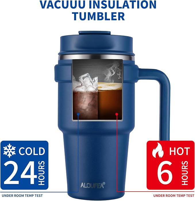 ALOUFEA 20 oz Insulated Coffee Mug Tumbler with Handle, Stainless Steel Travel Mug Tumbler with Lid and Straw,Double Wall Vacuum Leak Proof Ice Coffee Thermal Cup, Navy/Rose Gold - Image 5