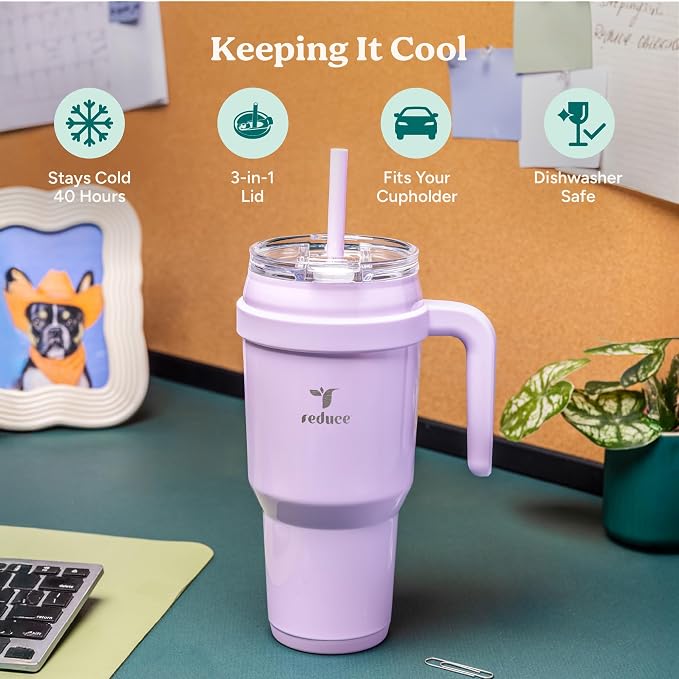 REDUCE 40 oz Stainless Steel Tumbler with Handle - Dual-Wall Vacuum Insulated Travel Mug, Sweat-Proof Lid & Reusable Straw - Keeps Drinks Cold for 24 Hrs, Fits Cupholders, Dishwasher Safe - Phantom - Image 3