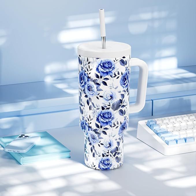 Meoky 40 oz Tumbler with Handle and Straw: Stainless Steel Insulated Tumbler with Lid and Straw - 100% Leak Proof Tumbler for Car Cup Holders - Travelers Commuters Workers, Blue Rose - Image 7