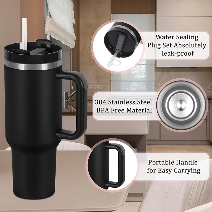 4 Pack 40 Oz Tumbler with Handle Bulk, Double Wall Vacuum Insulated Stainless Steel Tumbler with Lid and Straw, 40 oz cup with Silicone Spill Proof Stopper Set (Black) - Image 4