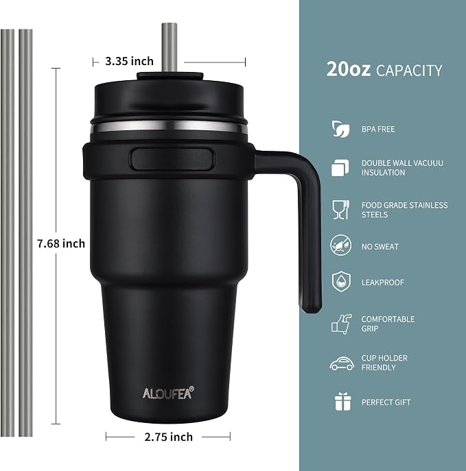 ALOUFEA 20 oz Insulated Coffee Mug Tumbler with Handle, Stainless Steel Travel Mug Tumbler with Lid and Straw,Double Wall Vacuum Leak Proof Ice Coffee Thermal Cup, Ocean Teal - Image 2