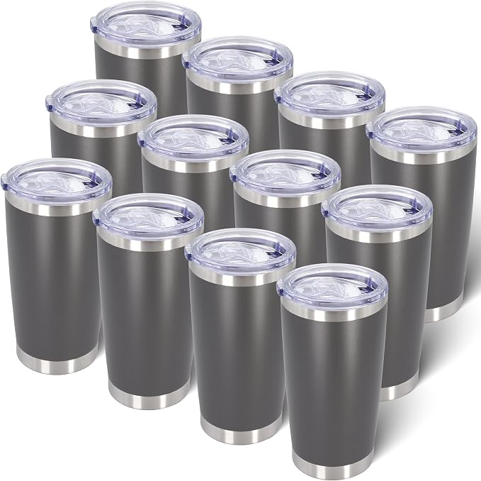 AIANJI 20oz Tumbler Bulk Stainless Steel Tumblers with Lid Vacuum Insulated Double Wall Travel Coffee Mug Powder Coated Tumbler Cup for Hot and Cold Drinks(Grey, 12 pack) by AIANJI