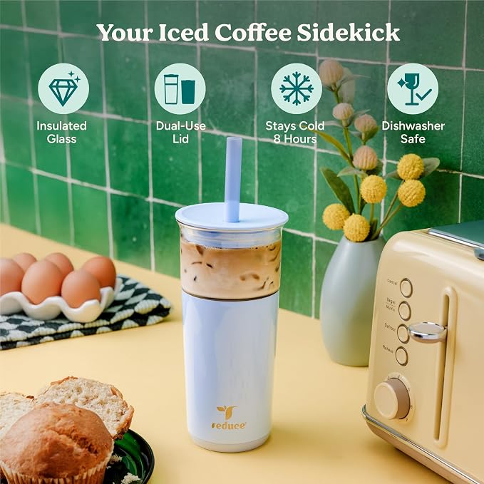 REDUCE Aspen 20 oz Vacuum Insulated Glass Tumbler with Lid & Extra Wide Straw - Keeps Drinks Cold for 12 Hrs - Ideal for Iced Coffee, Smoothies & Boba - Dishwasher Safe, Soft Base - Lilac Bud - Image 2