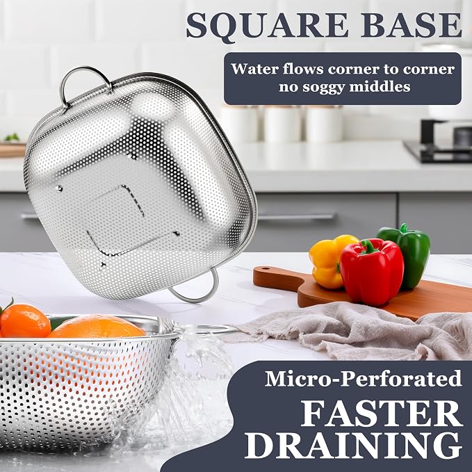 E-far 3 Pack Colander for Kitchen, Square Stainless Steel Metal Strainer - Image 3