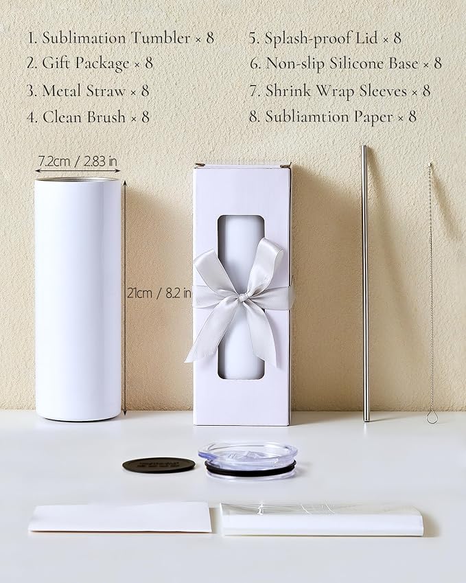 8 Pack 20oz Sublimation Tumbler Blanks Skinny Straight in Bulk, Stainless Steel Insulated Sublimation Tumbler with Polymer Coating for Heat Transfer, With Lid, Straw, ribbon, Gift box - Image 2