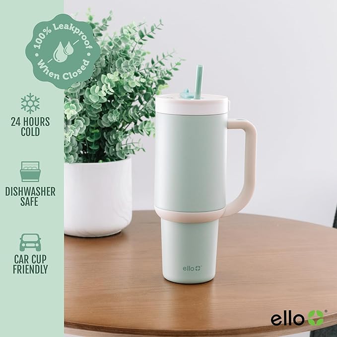 Ello Oasis 30 oz Tumbler with Handle & Retracting Straw | Reusable Insulated Stainless Steel Cup 100% Leakproof, Gifts for Teens Women Men | Keeps cold for 24 Hours, Cup Holder Friendly, Pistachio - Image 5