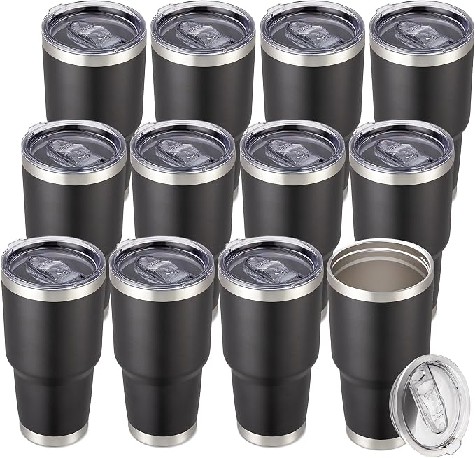 30 oz Tumbler with Lid Stainless Steel Tumblers Bulk Vacuum Insulated Cup Reusable Powder Coated Travel Mug Double Wall Leak Proof Cups Keep Cold Drinks for 12 Hours Black, Set of 12 by CoolYoleb