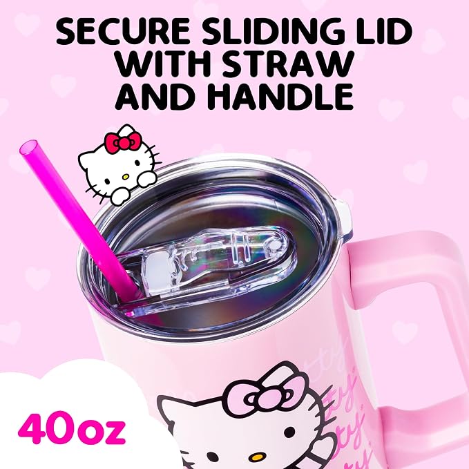Silver Buffalo Sanrio Hello Kitty Waving Double Walled Stainless Steel Tumbler with Handle and Straw, Fits in Standard Cup Holder, 40 Ounces - Image 3