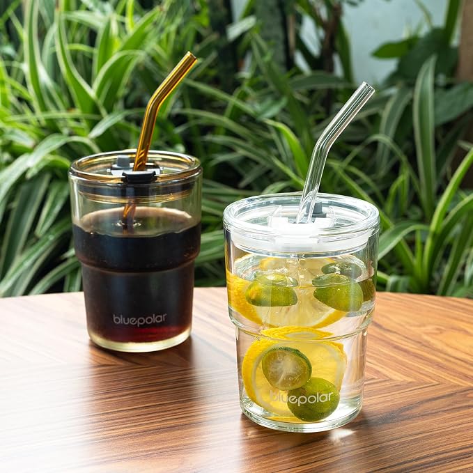 BLUEPOLAR 13oz/400ml Glass Water Tumbler with Straw and Lid Sealed Carry On Thick Wall Iced Coffee Cup Glass Cup for Water, Iced Tea Fruit Juice Etc (White-2Pack) - Image 2
